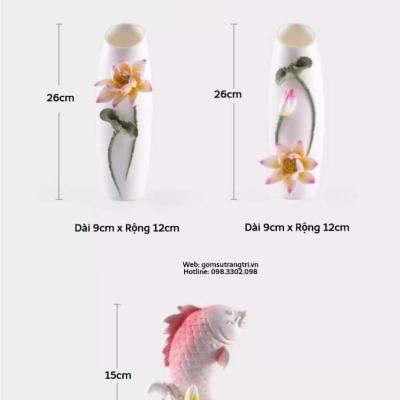 TƯỢNG CÁ VÀ CẶP BÌNH HOA SEN ĐẮP NỔI